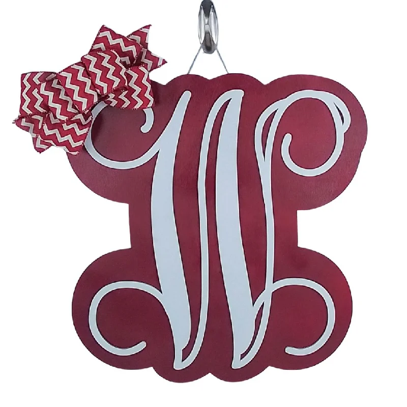Christmas Ornament Collection Red Wooden Door Hanger, Monogrammed Home Decor, Ribbon Bow Accent Christmas Ornament Collection Red Wooden Door Hanger, Monogrammed Home Decor, Ribbon Bow Accent