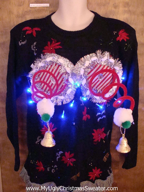 Retro 80s Poinsettias Naughty Ugly Christmas Sweater with Lights