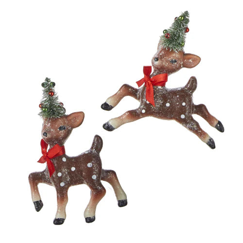 Christmas Snow Covered Village Retro Deer with Tree Ornament