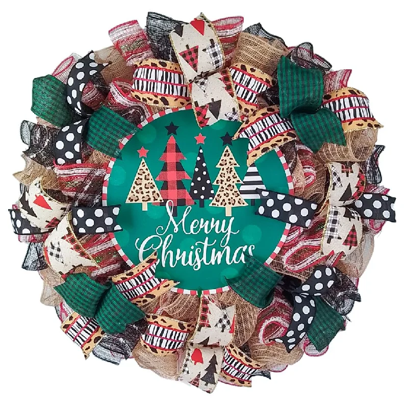 Christmas Beautiful Pine Trees Row of Trees Christmas Wreath - Merry Christmas Front Door Wreaths - Outdoor Decor - Black Red Brown Green