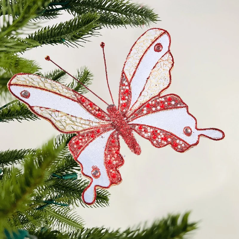 Christmas White Reindeer Ruby Butterfly Clip-on Ornament