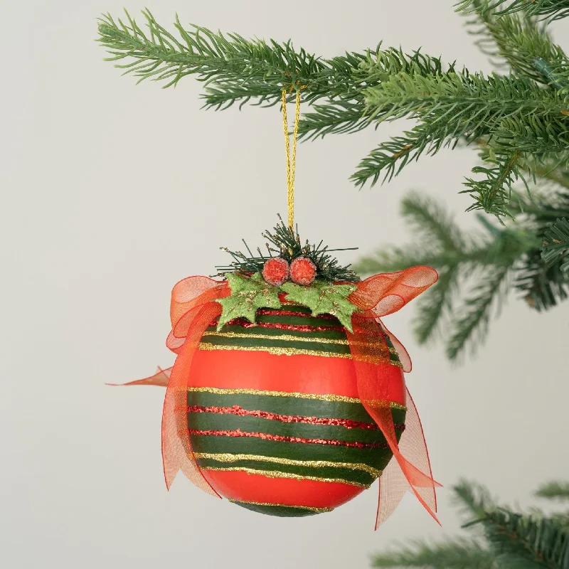 Christmas Village Scene Rustic Traditional Ball Ornament with Foliage