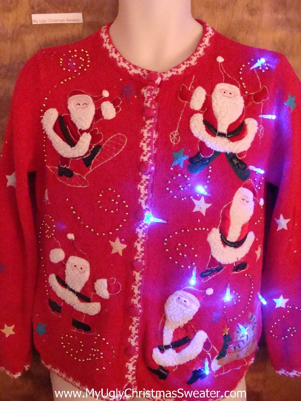 Santas and a Tiny Cat Cute Christmas Sweater with Lights