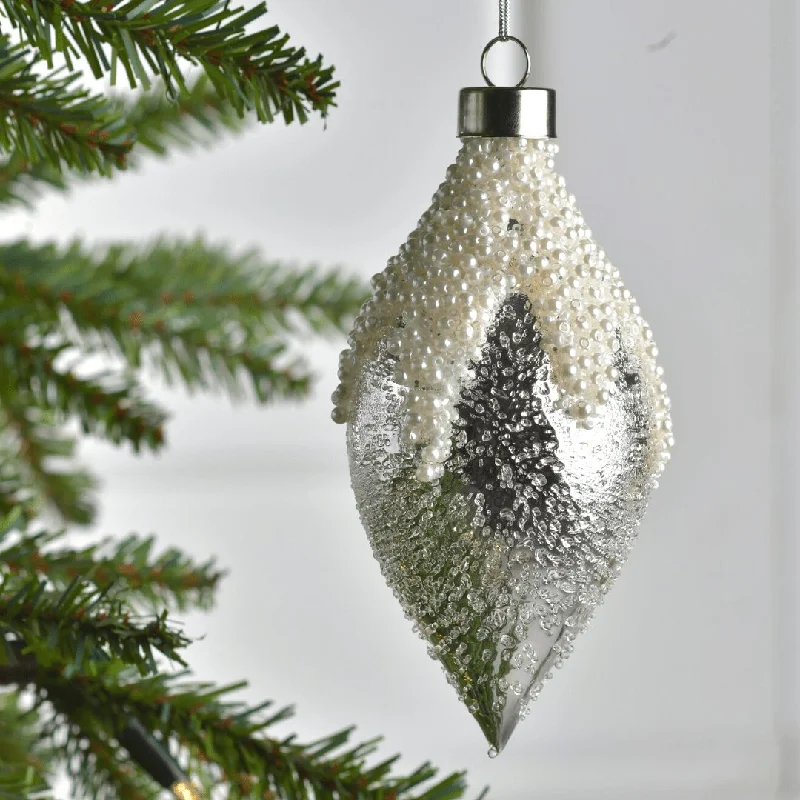 Christmas Holiday Traditions Silver Finial Ornament with White Sparkling Beads
