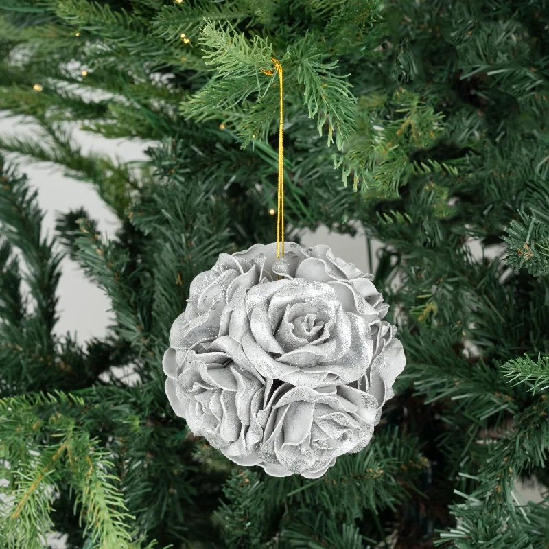 Christmas Cozy Fireplace Silver Glitter Rose Flower Ornament