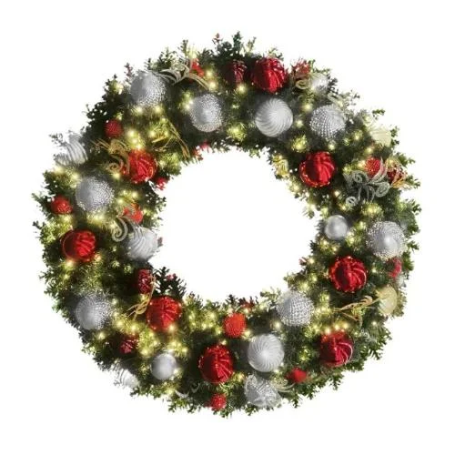 Red, White and Silver Pre-Decorated Wreath w/  Twinkle Warm White Lights