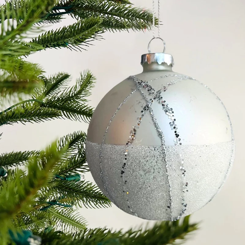Christmas Holiday Baking Silver Ball Ornament with Glitter Stripes