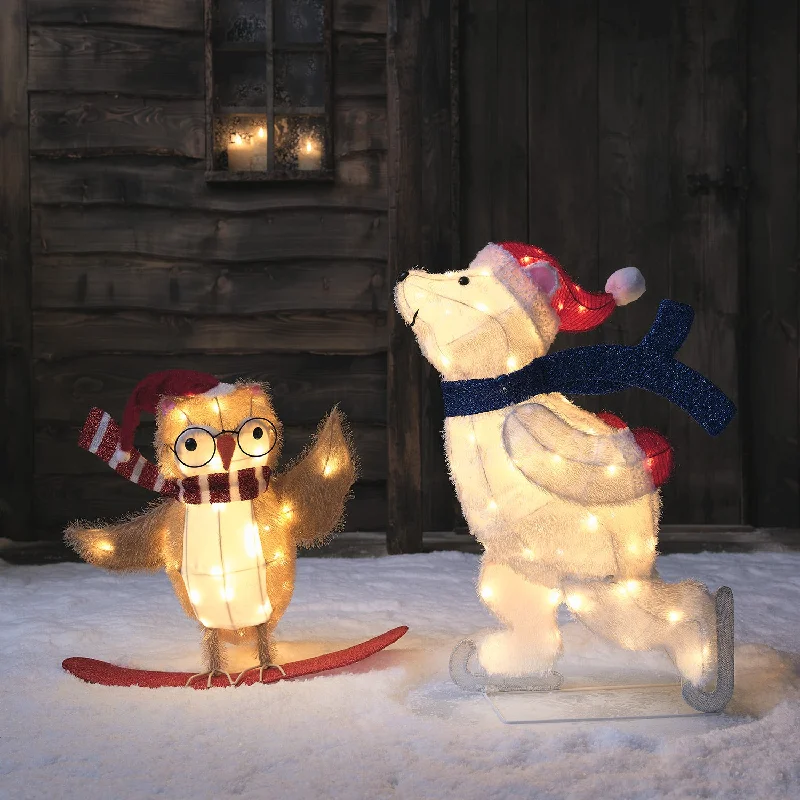 Christmas Jolly Surprises 78cm Skating Polar Bear & Snowboarding Owl Outdoor Christmas Figure Duo