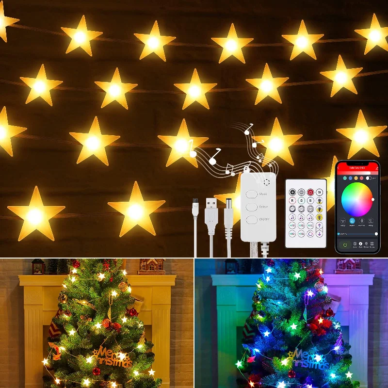 Christmas Carol Singing Smart Star String Lights, 11 Lighting Modes, Color Changing