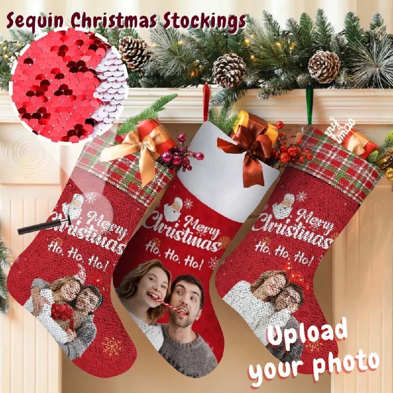 16.5in(L) Super Size-Custom Photo Couple Red Background Merry Christmas Socks Flip Sequins Christmas Stocking