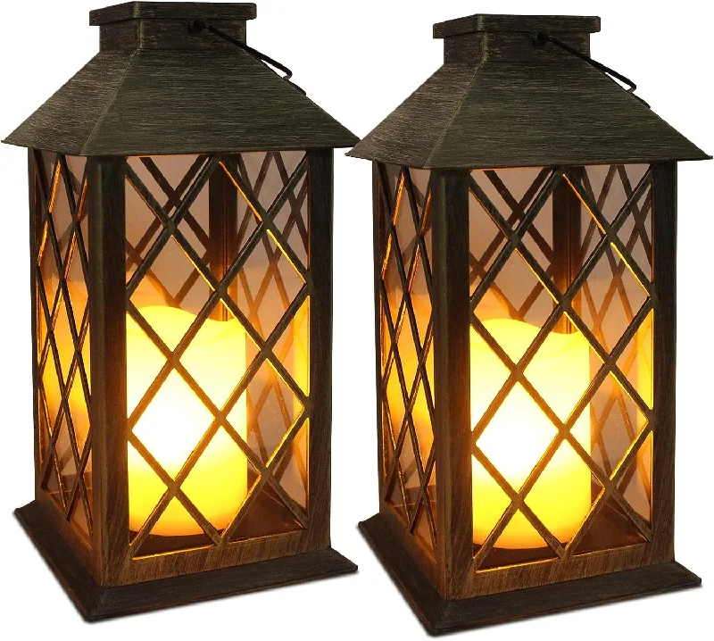 Solar Lantern,Outdoor Garden Hanging Lanterns,2 Pack 14 Inch Lasts 3X Longer 10 lumens Waterproof LED Flickering Flameless Candle Mission Lights for Table,Outdoor,Party Decorative