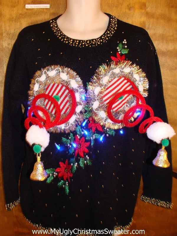 Tacky Retro Poinsettia Ugly Christmas Naughty Sweater with Lights