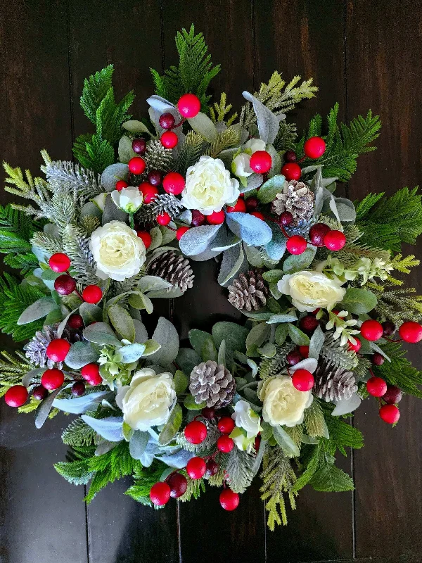 Traditional Christmas lamb's ear wreath, grapevine wreath, holiday wreath, winter wreath, front door wreath, holiday gift wreath