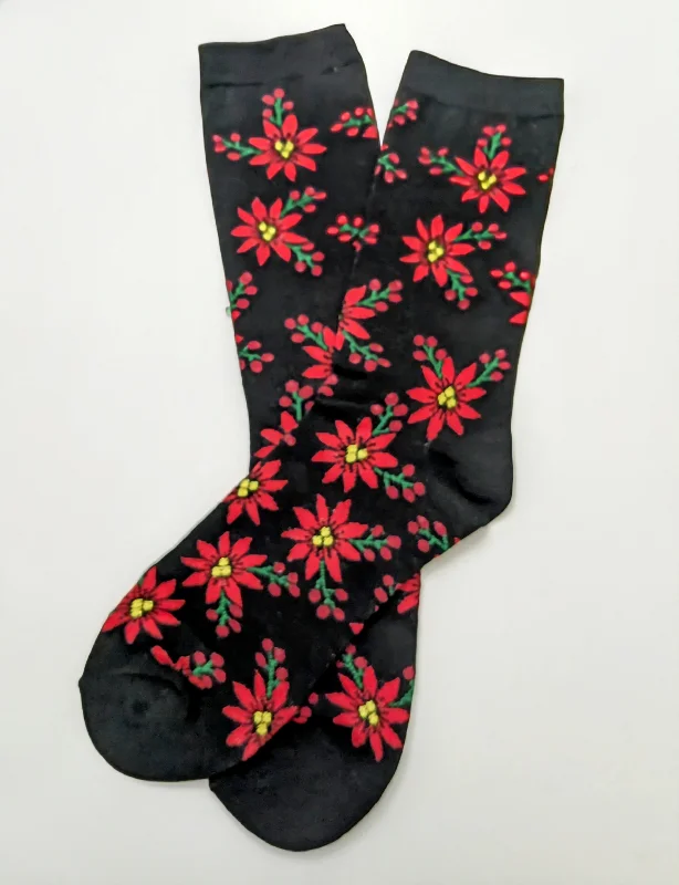 Christmas Gingerbread Delights Poinsettia Flowers Crew Socks