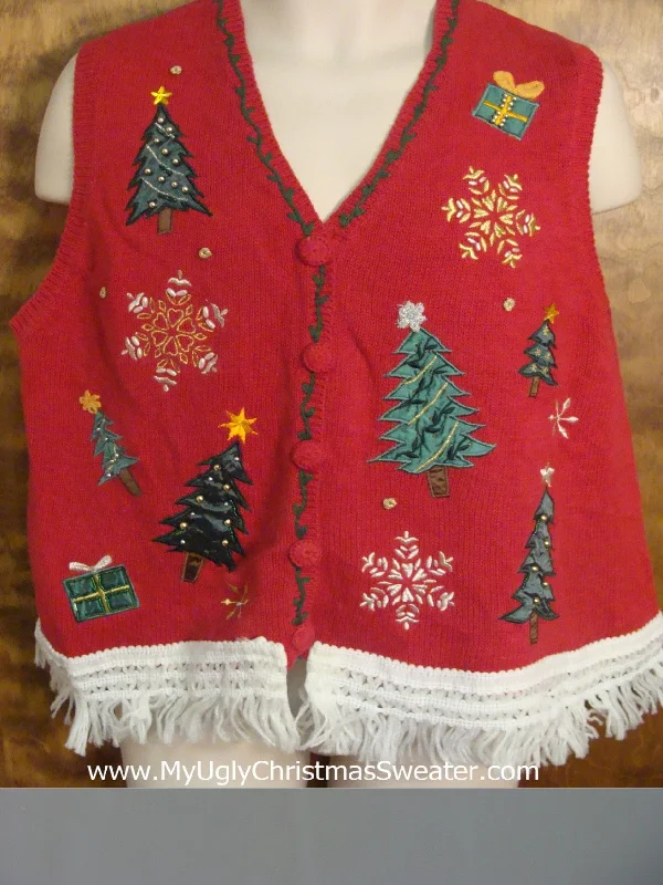 Christmas Wooden Decor Trees and Snowflakes Ugly Christmas Jumper Vest