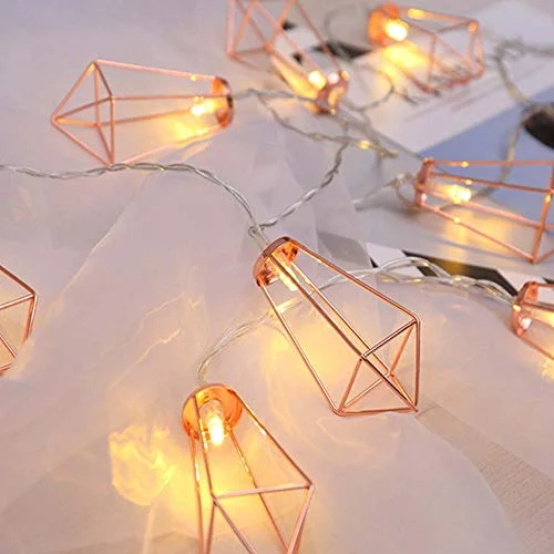 Christmas Home Decorations 10 LED 6.6ft Diamond String Lights - Battery Operated - Geometric String Lights - Warm White - Rose Gold - 1 Pack