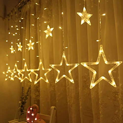 Christmas Festive Wrapping 12 Stars 138 LED Curtain String Lights - 1 Pack - Ramadan Decoration - Warm White