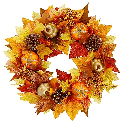 Twinkle Star 16" Fall Wreath, Autumn Harvest Wreath, Pumpkins and Artificial Maple Leaves, Pine Cone and Berries, for Front Door Wall Indoor Outdoor Halloween Thanksgiving Decorations