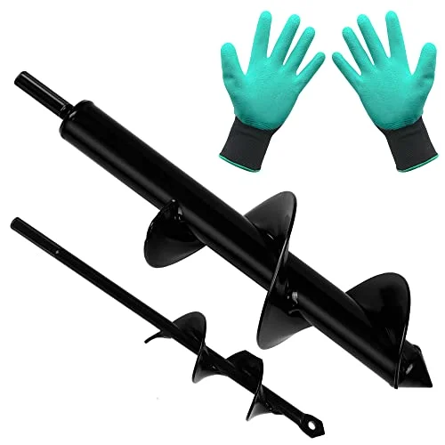 Christmas Fairy Lights Garden Auger Spiral Drill Bit Set, 1.6 x 9 Inch & 3 x 12 Inch with Garden Gloves, Plant Bulb Auger Fits for 3/8 Inch Dill for Bedding Plants and Digging Weeds Roots - 2 Pack