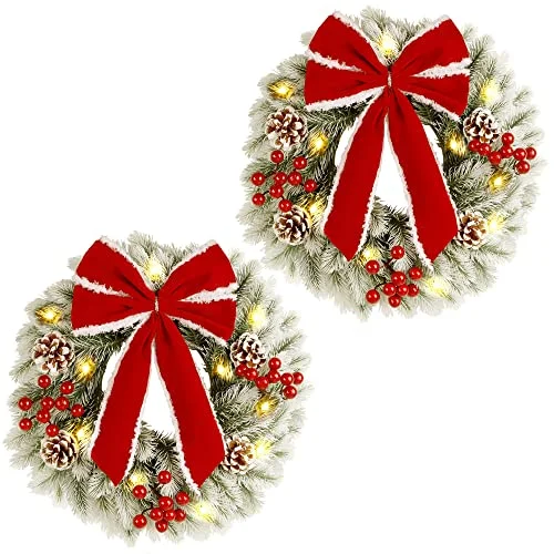 Christmas Classic Stories Lighted Christmas Wreaths, 13 Inch Pre-lit Small Xmas Wreath with Large Red Bow, Pine Needle Wreath with LED Lights, for Front Door Holiday Wall Christmas Party Decorations - 2 Pack