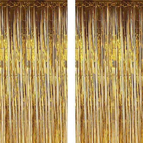 Christmas Pine Tree Farm Photo Booth Backdrop Metallic Tinsel Foil Fringe Curtains Environmental Background for Birthday Wedding Party Christmas Decorations (Gold) - 2 Pack