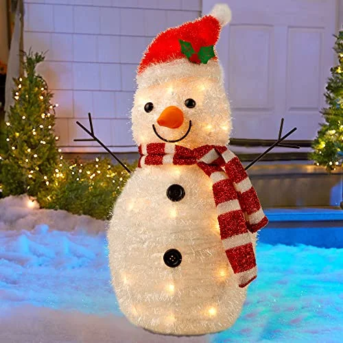 Christmas Carol Singing 22 Inch Lighted Christmas Tinsel Snowman Decorations, Pre-Lit Light Up with 25 Count Clear Incandescent Lights, Indoor or Outdoor Garden Yard Lawn Festive Holiday Decoration