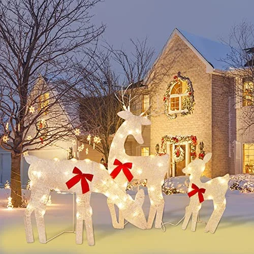 Christmas Midnight Feast Tinsel Reindeer Family Lighted 2D Deer Christmas Decor, with Clear 60 Count Lights, Light Up Buck, Doe and Fawn Indoor or Outdoor Yard Lawn Festive Holiday Decoration - 3 Pack