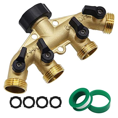 Christmas Star Tree Topper 4 Way Heavy Duty Brass Garden Hose Splitter, Hose Connector 3/4", Hose Spigot Adapter with 4 Valves