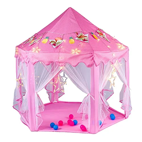 Christmas Star Gazing 55"x 53" Princess Castle Play Tent for Girls Playhouse with 138 LED Star String Lights and Banners Decor, Kids Game House for Indoor Outdoor Game(Pink)
