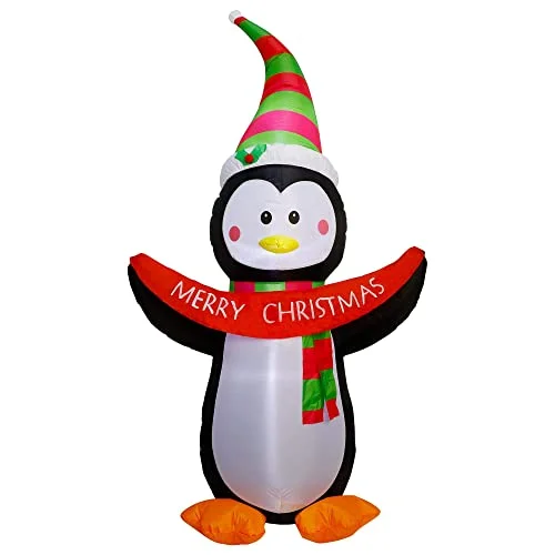 Christmas Holiday Greetings 7 FT Christmas Inflatable Decorations, Lighted Blow Up Penguin Hold Merry Christmas Sign with Built in LED Lights, Indoor / Outdoor Xmas Holiday Decor, Light Up Lawn Yard Garden Decor