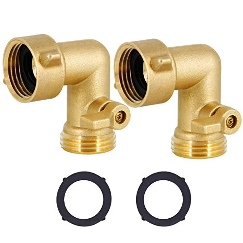 Christmas Snow Covered Village 90 Degree Garden Hose Elbow with Shut Off Valve 2 Pack, 3/4" Heavy Duty Hose Adapter with 2 O-rings, Solid Brass Gooseneck Garden Hose Connector