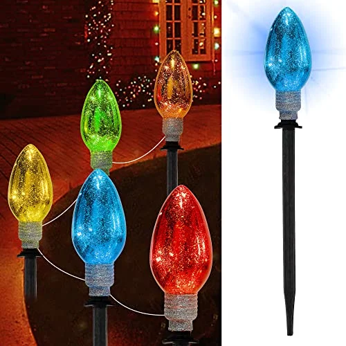 Christmas White Wonderland Christmas Pathway Lights, C9 Lights, Large Multicolored Bulbs with Pathway Marker Stakes, Connectable Incandescent Decorative Lights for Holiday Patio Garden Christmas Decorations - 5 Pack