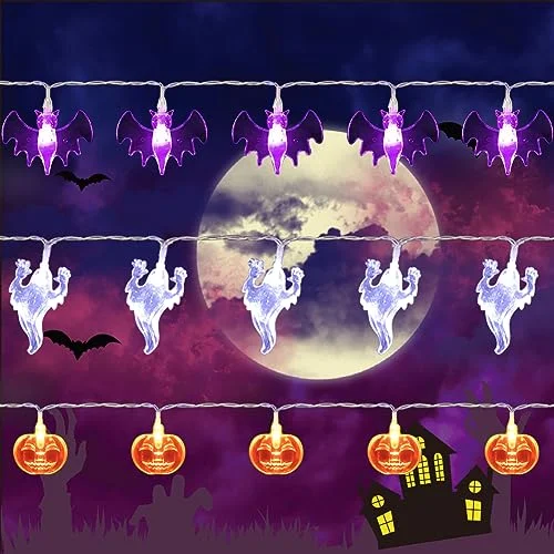 Christmas Toy Workshop Halloween String Lights - Total 90 LED 35.4ft - Battery Operated - Purple Bat, White Ghost, Orange Pumpkin String Lights - 3 Pack