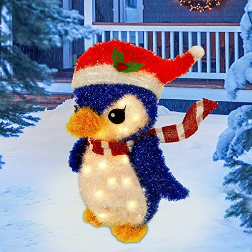 Christmas Ice Decorations Lighted Christmas Tinsel Penguin Decorations, 20 Inch Pre-Lit Light Up Blue Penguin with 35 Count Clear Incandescent Lights, Indoor or Outdoor Yard Lawn Festive Holiday Decoration