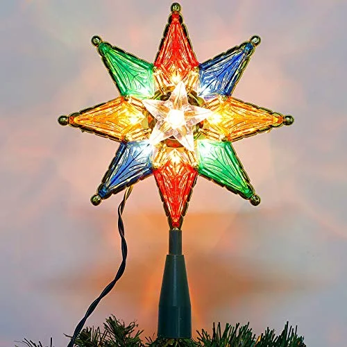 Christmas Gingerbread Delights Lighted Christmas Tree Topper, Colorful 8-Point Star Xmas Star Treetop with 10 Incandescent Fairy Mini Lights, Holiday Christmas Tree Decorations