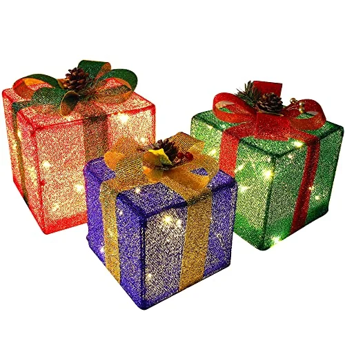 Christmas Holiday Festivities Christmas Lighted Pop Up Gift Boxes Decorations, Tinsel Present Box, Pre-lit 60 LED Light Up Tree Skirt Ornament, Indoor Outdoor Red Green & Blue for Holiday Party Xmas Home Yard - 3 Pack