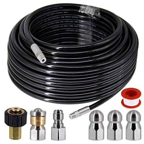 Christmas Joyful Celebration Sewer Jetter Kit for Pressure Washer -100 ft Hose, 1/4 Inch NPT, Drain Cleaning Hose, Button Nose & Rotating Sewer Jetting Nozzle, Orifice 4.0, 4.5, 5.5, 4000 PSI