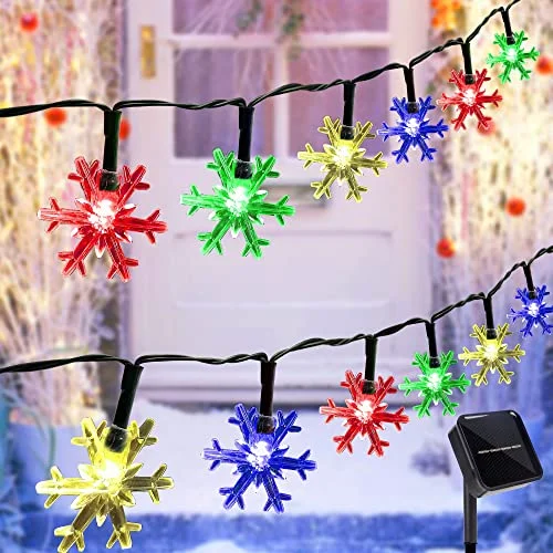 Christmas Cozy Evenings Solar Snowflake String Lights - 100 LED 33ft - Outdoor Christmas Fairy Lights - 8 Lighting Modes - Multicolor