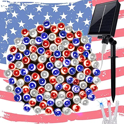 Christmas Snow Covered Trees Solar String Lights - 98ft 300 LED 8 Modes - July 4th Patriotic White Wire Light - Red/Blue/White