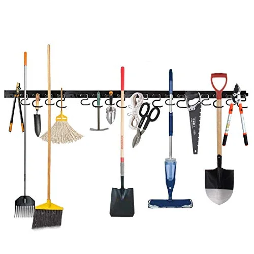 Christmas Santa Workshop Upgrade 64 Inch Garage Tool Organizer Wall Mounted, Mop Broom Holder Adjustable Storage System, Wall Holders for Garden Tools, Heavy Duty Tool Hanger with 16 Hooks 4 Rails