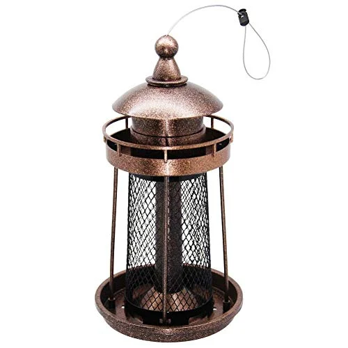 Christmas Fireplace Cozy Wild Bird Feeder Hanging for Garden Yard Outside Decoration, Panorama Gazebo Birdfeeder, Lighthouse Shaped (Copper Red)