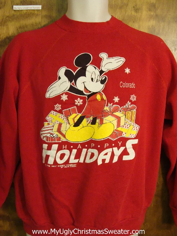 Christmas Village Scene Ugly Christmas Sweatshirt with Micky Mouse