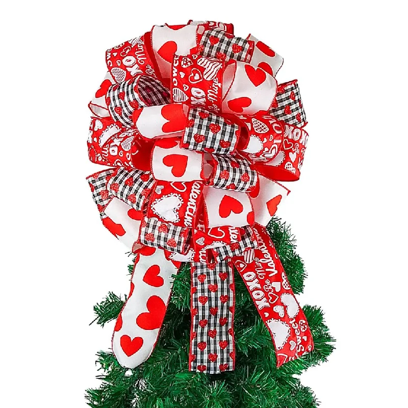 Christmas Snowy Windows Valentines Tree Bow, Wired Ribbon Decoration, Red and White Heart Pattern Christmas Snowy Windows Valentines Tree Bow, Wired Ribbon Decoration, Red and White Heart Pattern