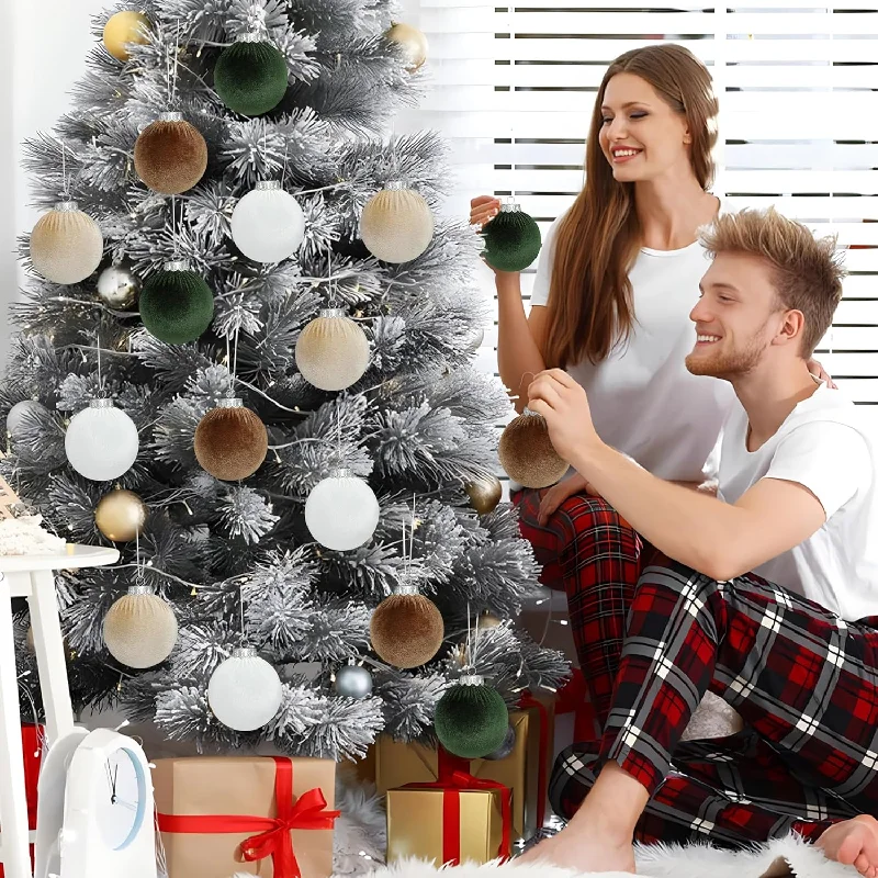 Christmas Cozy Treats Velvet Christmas Ball Ornament Set - Shatterproof Multicolor Green Brown White for Xmas Tree Holiday Home Party Decoration Christmas Cozy Treats Velvet Christmas Ball Ornament Set - Shatterproof Multicolor Green Brown White for Xmas Tree Holiday Home Party Decoration