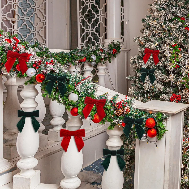 Christmas Snowfall Scene Velvet Christmas Bows - Red and Green (24 Pcs)
