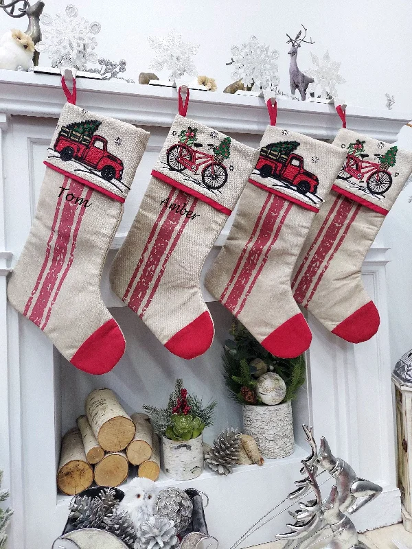 Christmas Nostalgic Memories Vintage Truck & Bicycle Christmas Stockings | Red Green Rustic Nostalgic Decor Farmhouse Country Style Personalized Embroidery Name