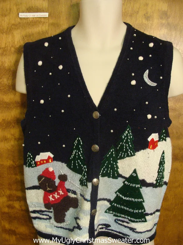 Christmas Mistletoe Magic Waving Teddy Bear Funny Christmas Sweater Vest