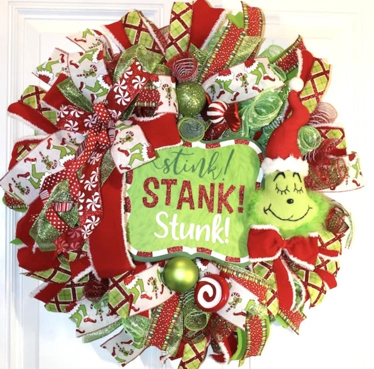 Christmas Tree Snowflakes Whimsical Christmas Wreath Green Monster, Red Peppermint Candy Holiday Decor for Front Door, Monster Elf Christmas Tree Snowflakes Whimsical Christmas Wreath Green Monster, Red Peppermint Candy Holiday Decor for Front Door, Monster Elf