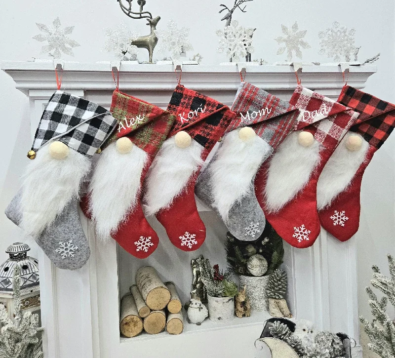 Whimsy Gnome Christmas Stocking | Scandinavian Style Santa Buffalo Check Red White Plaid Snowflake Fun Kids Personalized Embroidered Name