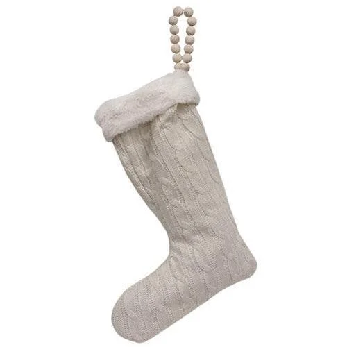 Christmas Ornament Collection White Stocking With Wooden Bead Hanger